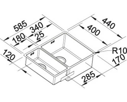 Zeichnung einer Spüle mit Maßangaben