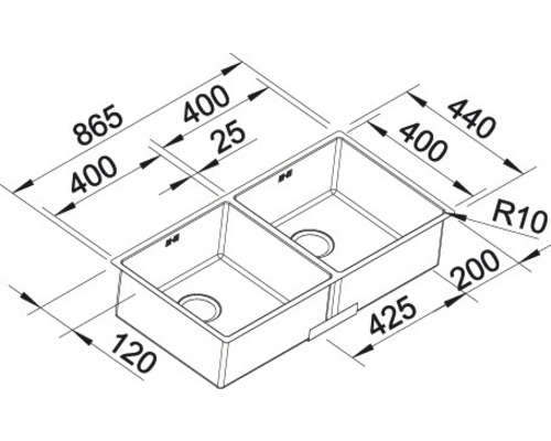 Zeichnung einer Spüle mit Maßangaben