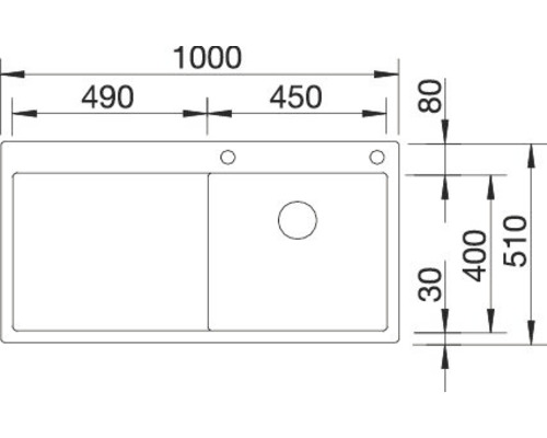 Technische Zeichnung einer Spüle mit Maßangaben