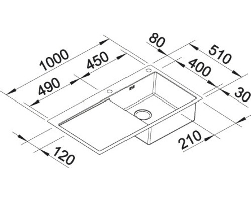 Schéma technique d''un évier de cuisine avec dimensions.