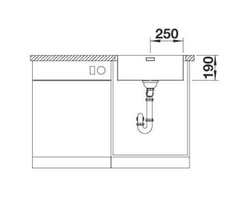 Dessin technique d''un évier avec des dimensions de 250 sur 190.