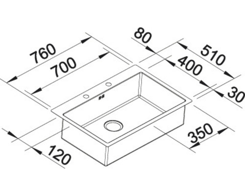 Zeichnung einer Küchenspüle mit Maßangaben