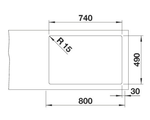 Technische Zeichnung eines Spülbeckenausschnitts mit Maßangaben.