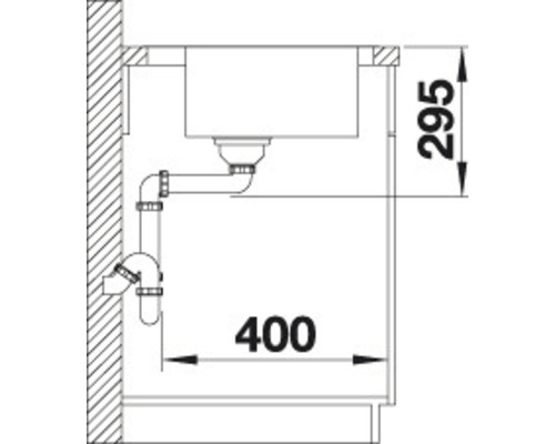 Schéma d''un évier avec des tuyaux et les dimensions 295 et 400