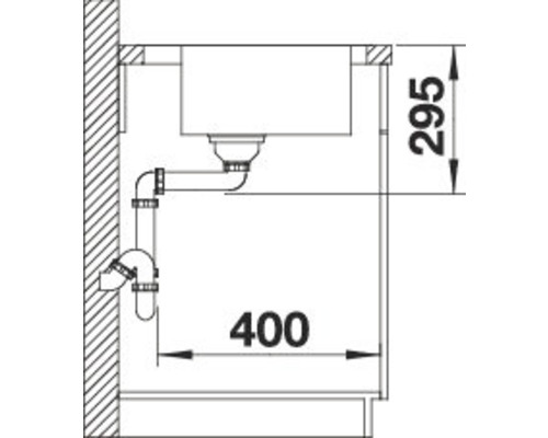 Skizze einer Spüle mit Abflussrohr und Massangaben