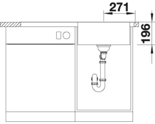 Zeichnung einer Spüle mit Abmessungen, inklusive Siphon