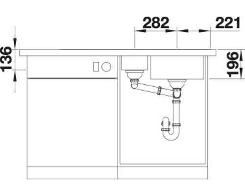 Skizze eines Spültischunterschranks mit Spüle und Abmessungen