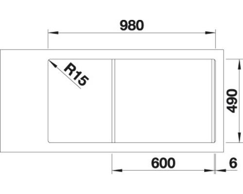 Zeichnung einer Spüle mit den Maßen 980 mal 490 Millimeter