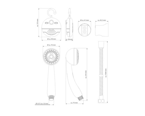 Dessin technique d''une douchette avec indications de dimensions
