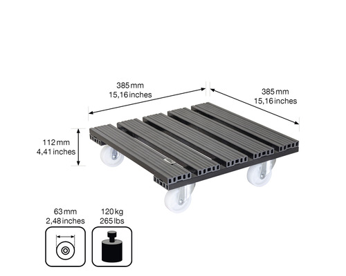 Rollbrett mit Abmessungen und Traglastangabe