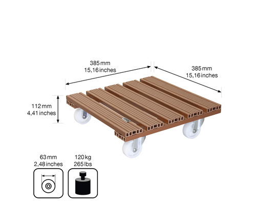 Planche à roulettes avec dimensions et détails techniques.