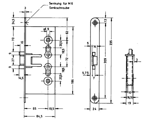 Technische Zeichnung eines Türriegels mit Maßen.