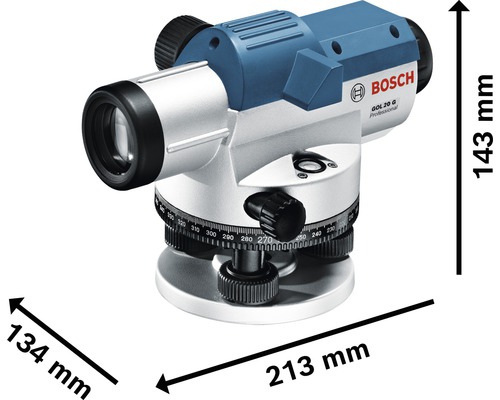 Logo Bosch GOL 20 G Professional niveau avec des dimensions de 213 mm de longueur, 134 mm de largeur et 143 mm de hauteur