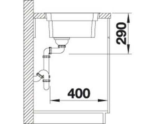 Schéma d''un évier avec siphon et indications de dimensions 400 et 290.