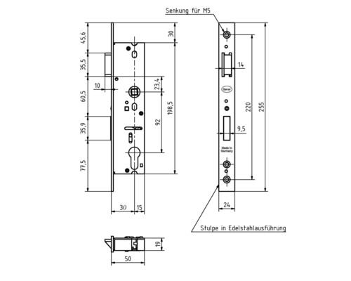 Technische Zeichnung eines Türschlosses mit Maßangaben