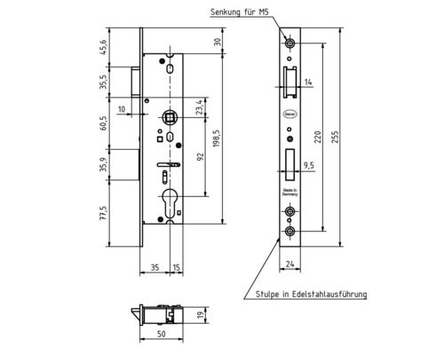 Technische Zeichnung eines Türschlosses mit Maßangaben