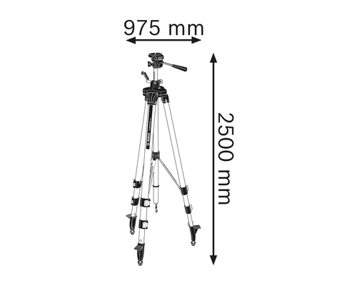 Darstellung eines Nivellierstativs mit Höhenangabe 2500 mm und Breitenangabe 975 mm.