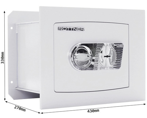 Coffre-fort mural avec des dimensions de 430 mm de largeur, 330 mm de hauteur et 270 mm de profondeur.