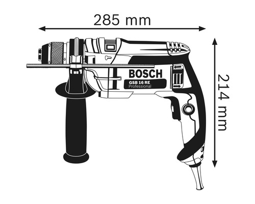 Bosch GSB 16 RE Professional Schlagbohrmaschine mit den Maßen 285 mm Breite und 214 mm Höhe