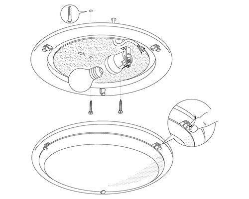 Instructions de montage pour un plafonnier avec vis, chevilles et ampoule