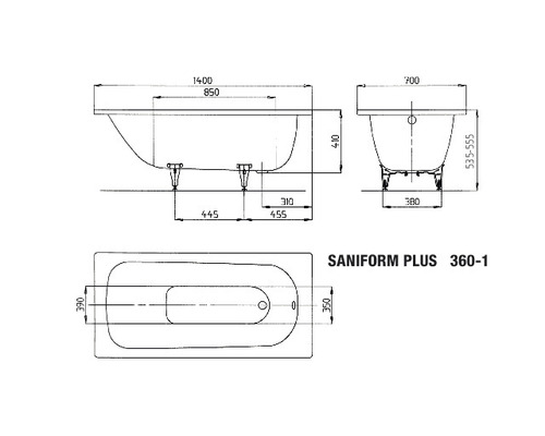 Schéma technique d''une baignoire Saniform Plus avec dimensions