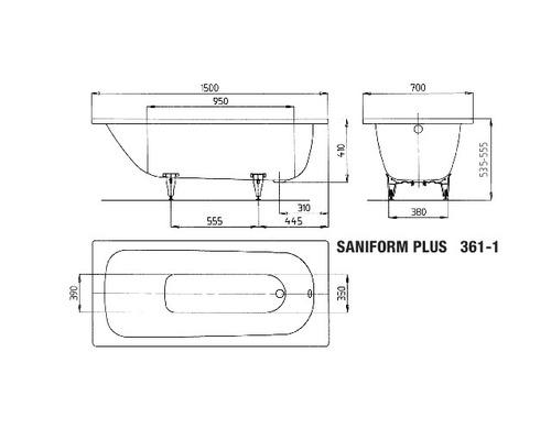 Schéma technique d''une baignoire Saniform Plus avec les dimensions