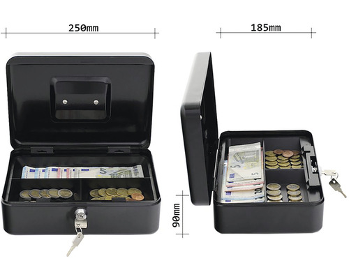 Geöffnete Geldkassette mit Euroscheinen und Münzen, Abmessungen 250 mm x 185 mm x 90 mm