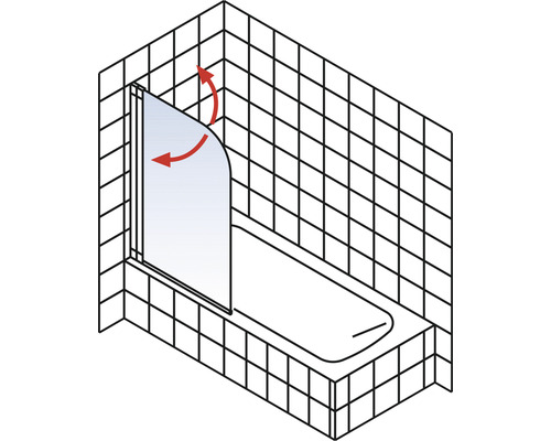 Badewanne mit drehbarer Duschwand zur Veranschaulichung der Drehfunktion