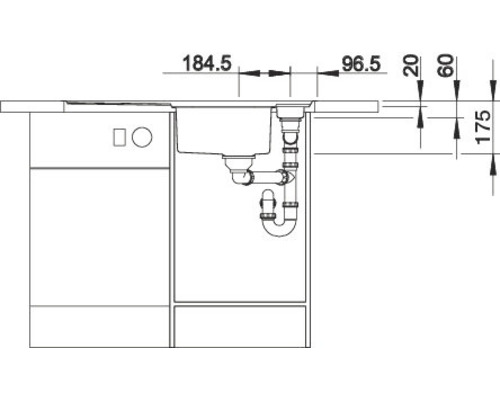 Technische Zeichnung eines Küchenspülenschranks mit Maßangaben
