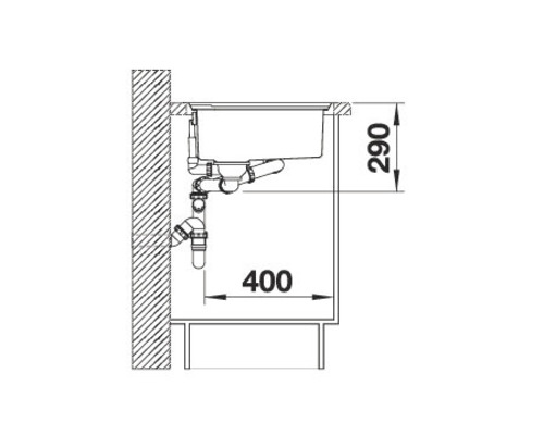 Technische Zeichnung eines Spülbeckens mit Abmessungen