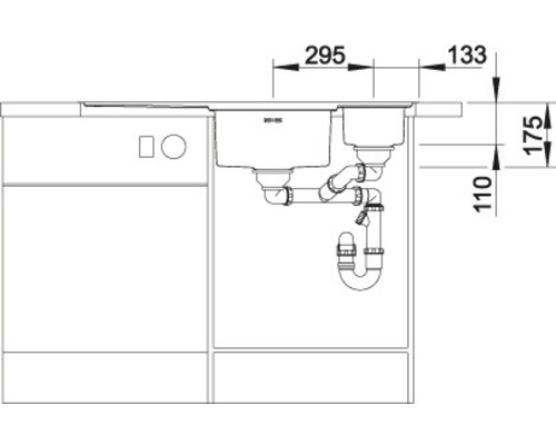 Zeichnung einer Spüle mit den Maßen 295 mm und 133 mm sowie 175 mm und 110 mm