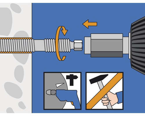 Illustration d''une installation de cheville avec perceuse et marteau