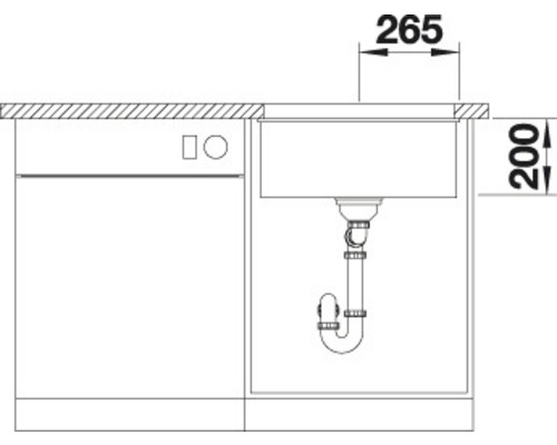 Skizze eines Spülbeckens mit Abmessungen 265 mal 200 Millimeter