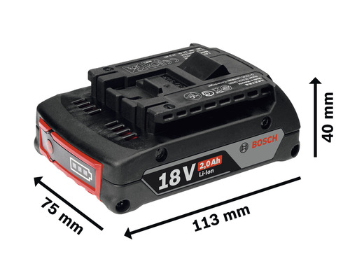 Bosch 18 Volt 2.0 Ah Lithium-Ionen Akku mit den Maßen 113 mm x 75 mm x 40 mm