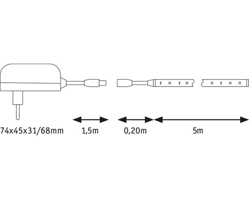 Technische Zeichnung LED Streifen mit Stecker, 1,5 m Zuleitung, 0,2 m Verbindungskabel und 5 m Lichtleiste.