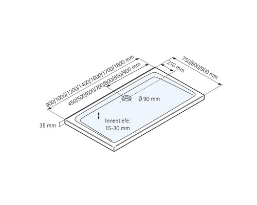 Schéma technique d''un receveur de douche avec dimensions