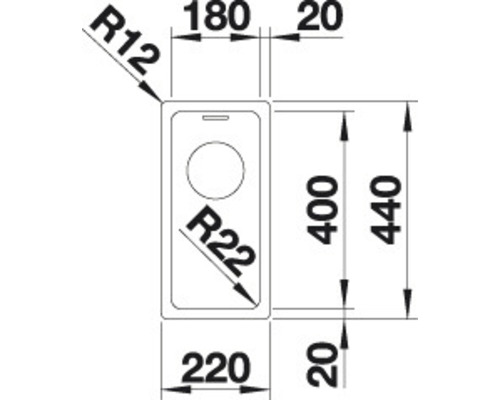 Schéma coté d''un évier de cuisine avec position du bassin à gauche