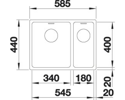 Schéma d''un évier à deux cuves avec indications de dimensions