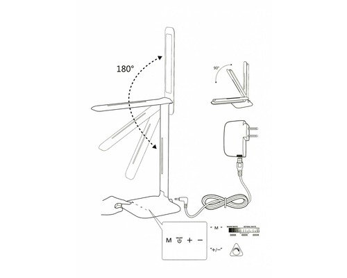 Illustration einer Tischleuchte mit 180 Grad und 90 Grad Verstellbarkeit, Netzteil und Bedienelementen.