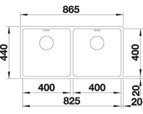 Skizze einer Doppelspüle mit Maßangaben.