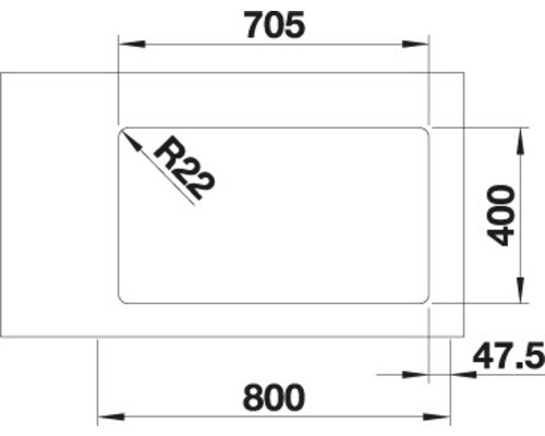 Technische Zeichnung eines Spülbeckens mit Maßangaben