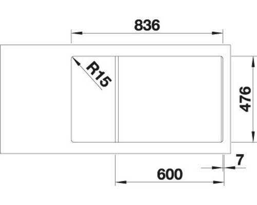 Schéma technique d''un évier avec les dimensions 836, 476 et 600 millimètres.