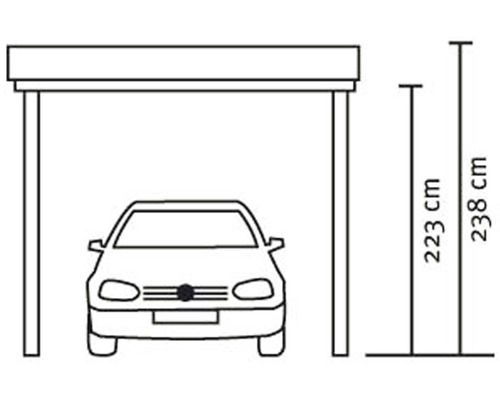 Schéma d''un carport avec indications de hauteur de 223 centimètres et 238 centimètres