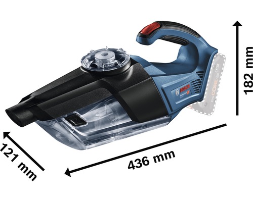 Akkusauger mit den Maßen 436 mm Länge, 121 mm Breite und 182 mm Höhe