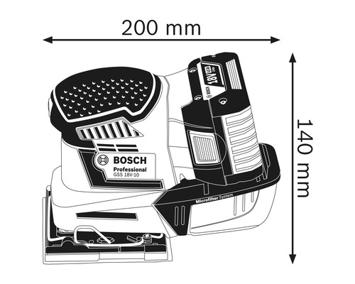 Abmessungen Bosch GSS 18V-10 Akku-Exzenterschleifer: 200 mm breit und 140 mm hoch