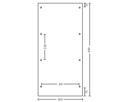 Dessin technique avec dimensions : 846 mm de haut, 404 mm de large, distance au-dessus de 34 mm, distance en dessous de 74 mm, distance latérale de 230 mm, distance au centre de 341 mm