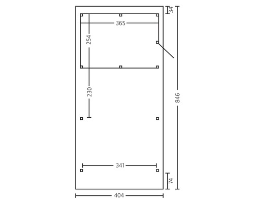 Dimensions d''une cabine de douche : 404 x 846 millimètres, largeur de l''élément supérieur : 365 millimètres, hauteur de l''élément supérieur : 254 millimètres, hauteur de l''élément supérieur jusqu''au bord inférieur : 230 millimètres.