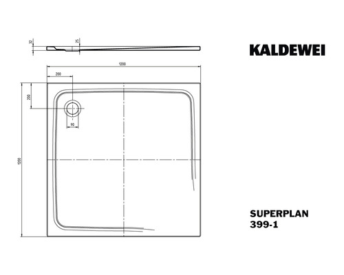 Kaldewei Superplan 399-1 Duschtasse technische Zeichnung mit Maßangaben