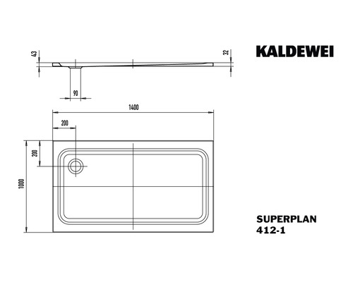 Kaldewei Superplan Duschwanne technische Zeichnung mit Maßangaben