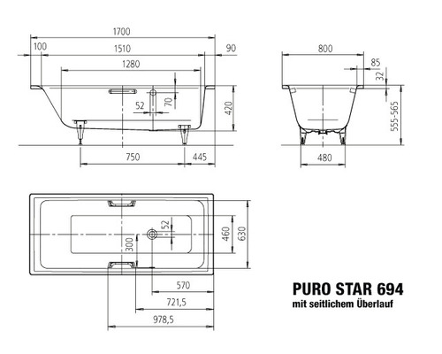 Technische Zeichnung einer Badewanne mit seitlichem Überlauf, Modell Puro Star 694, inklusive Maßangaben